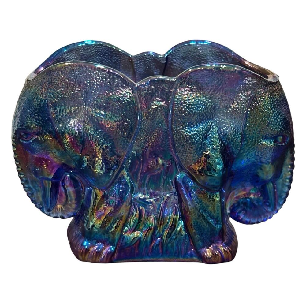 Summit Art Glass Elephant Toothpick Holder Blue Carnival Iridescent Stickered